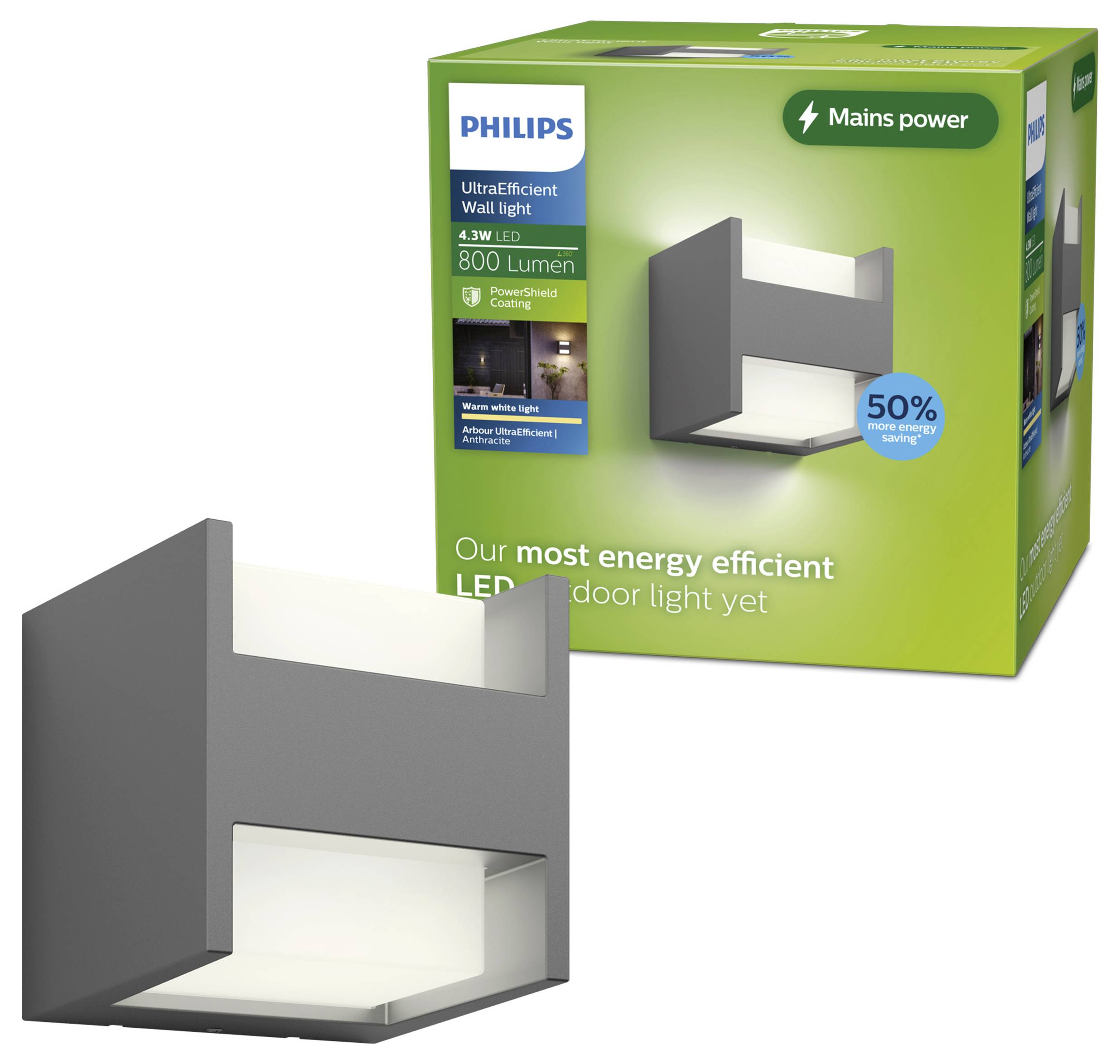 Philips ultra-účinné LED nástenné svetlo zobrazené so svojím zeleným obaľom produktu, označené „800 lúmenov" a „50% väčšia úspora energie".