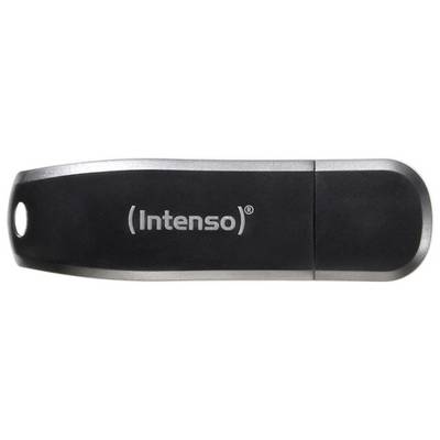 Čierny USB kľúč značky Intenso, uzavretý a vhodný na ukladanie dát.