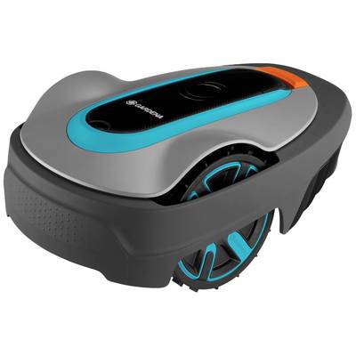 Robotická kosačka v sivej a modrej farbe. Dizajn vykazuje hladké línie a kompaktný tvar. Hlavná charakteristika: Bezúdržbové kosenie trávnika.