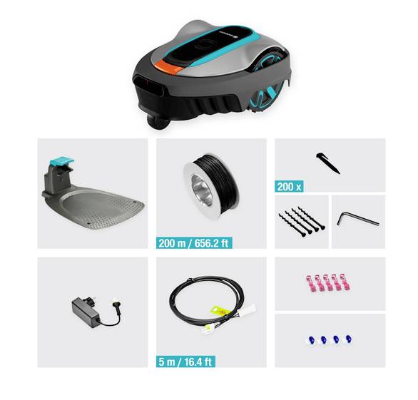 Robotická kosačka s príslušenstvom: nabíjacia stanica, ohraničujúci kábel, zemné kolíky, skrutky, šesťhranný kľúč, napájací adaptér a káblové konektory.