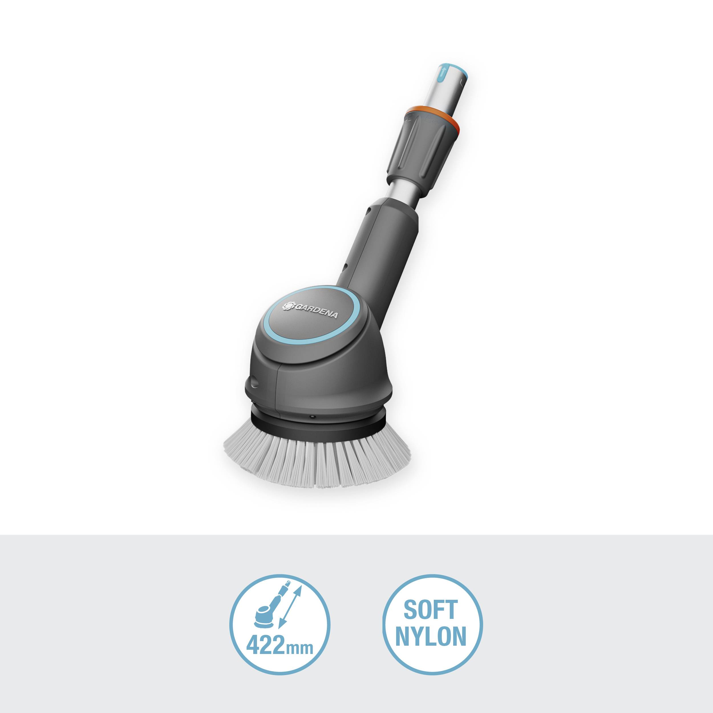 Elektrická čistiaca kefka s mäkkými nylonovými štetinami, optimálna pre citlivé povrchy. Hlava kefy má priemer 422 mm.