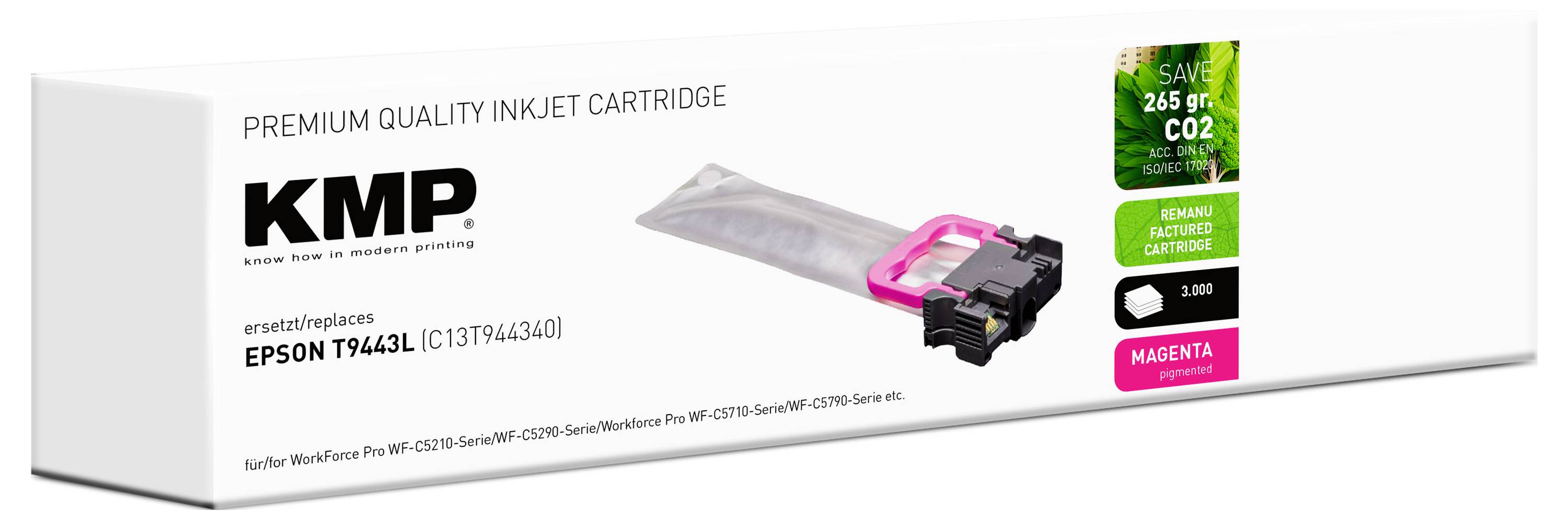 KMP prémiová atramentová kazeta pre Epson T9443L, magenta farba, výťažnosť 3 000 strán, s poznámkou o znížených emisiách CO2.