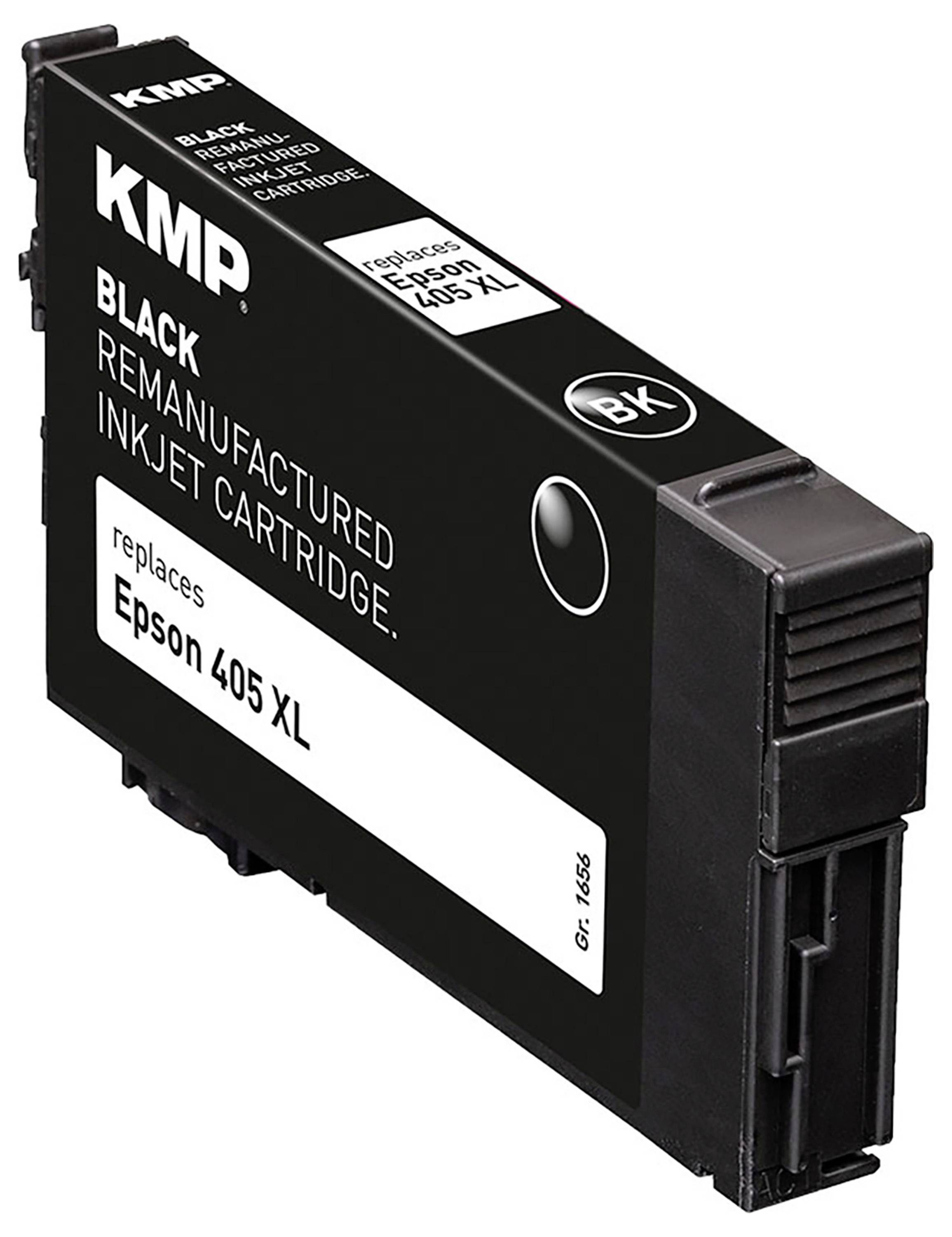 Čierny repasovaný atramentový cartridge od KMP, označený ako 'náhrada za Epson 405 XL'.