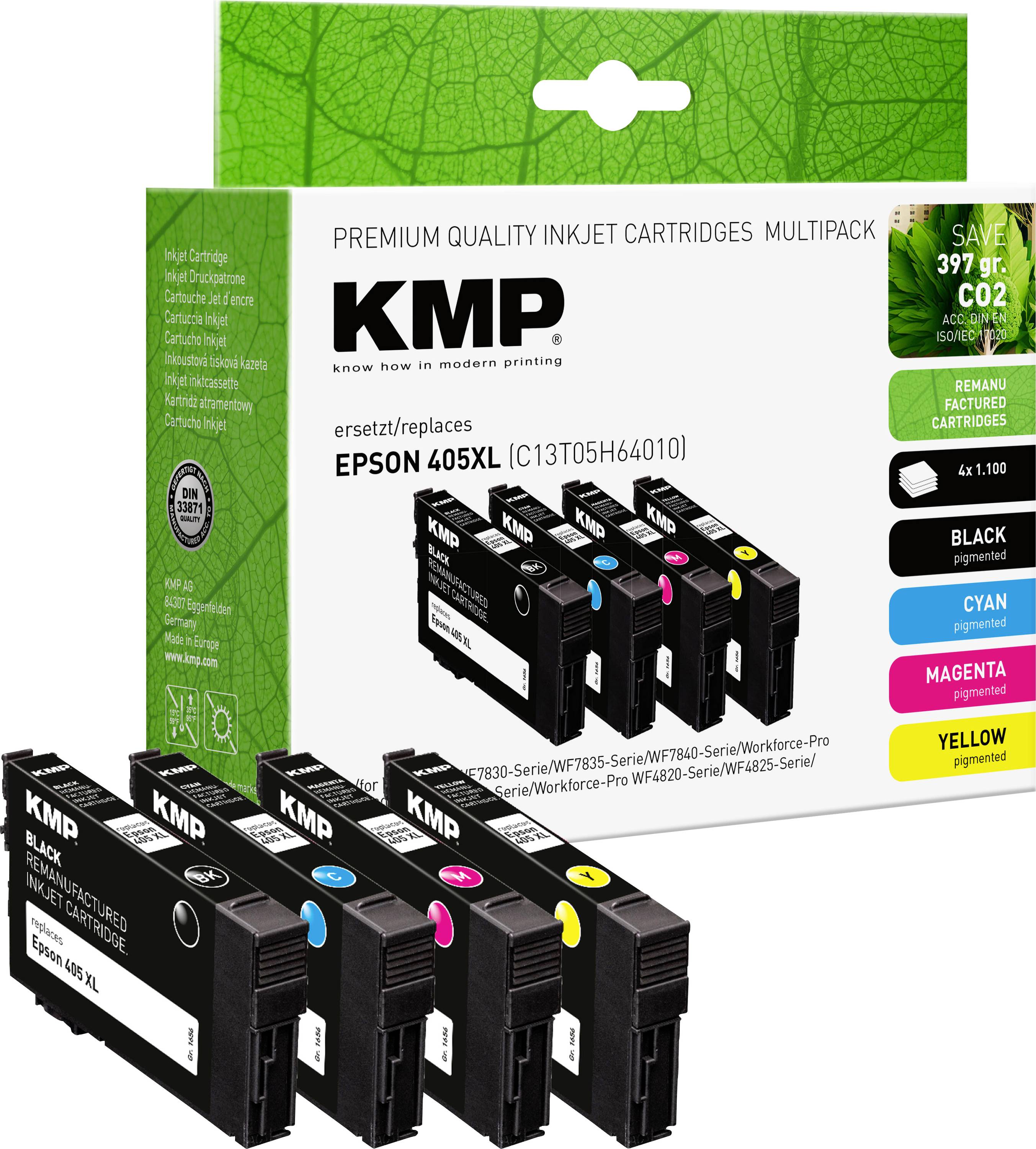 Atramentové kazety KMP multipack pre Epson 405XL, obsahuje čiernu, azúrovú, purpurovú a žltú farbu. Balenie poukazuje na úsporu CO2.