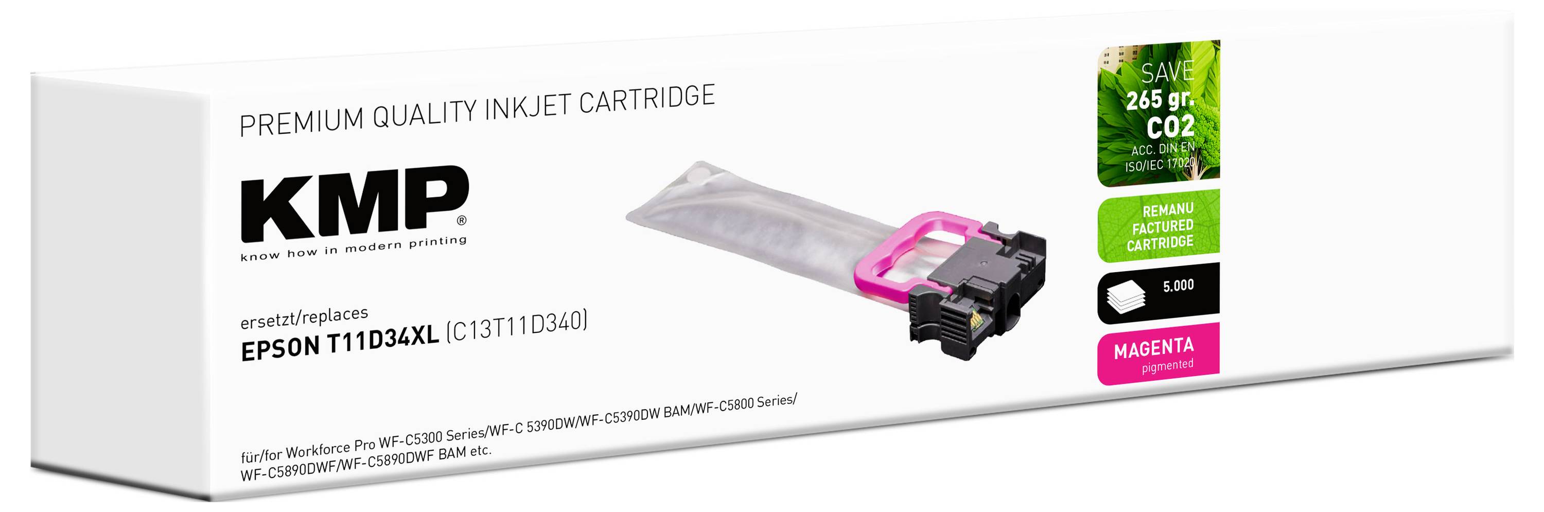 'KMP prémiová atramentová cartridge pre Epson T11034XL (C13T11034010), purpurová. Až 5 000 strán. Šetrná k životnému prostrediu, úspora 2,65 g CO2.'