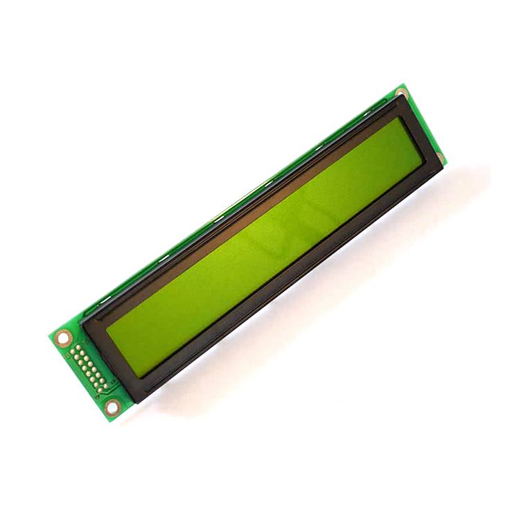 Zelený LCD modul v horizontálnej orientácii s čiernym rámom, vhodný pre elektronické projekty na zobrazovanie textu.