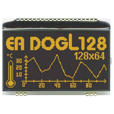 LCD displej s digitálnym písmom zobrazuje: EA DOG128, 128x64. Diagram nižšie znázorňuje priebeh teploty v °C od 0 do 60. Stupnica od 0 do 80.