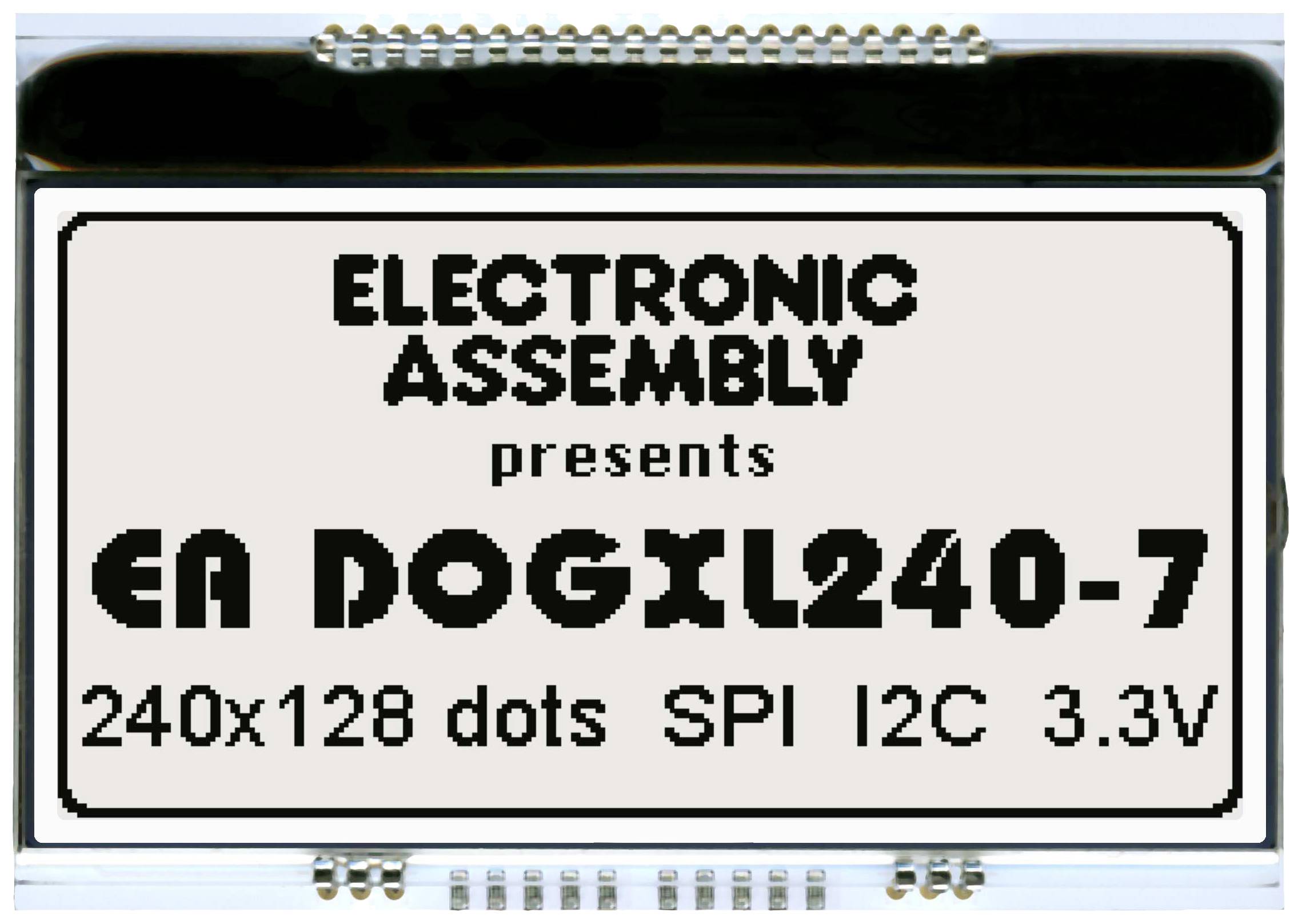LCD displej 'EA DOGXL240-7' od Electronic Assembly zobrazuje 240x128 pixelov. Podporuje rozhrania SPI, I2C, pracuje s napätím 3,3V.