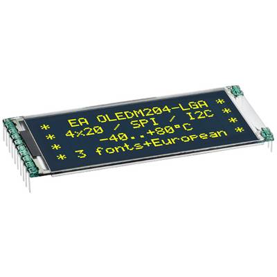 OLED displej s nasledujúcimi vlastnosťami: 'EA OLEDM204-LGA', 4x20 znakov, rozhrania SPI/I2C, prevádzková teplota od -40°C do +80°C, tri písma vrátane európskych znakov.