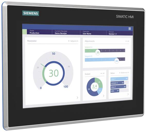 HMI displej so logom Siemens zobrazuje výrobné údaje: grafy s parametrami a nastaveniami. Hlavná hodnota v kruhovom grafe: 30.