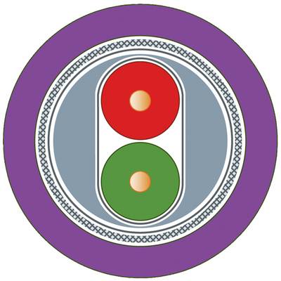 Dopravná značka v kruhovom, fialovom tvare so sivým pozadím; znázorňuje červenú a zelenú semafórovú signalizáciu.