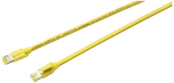Žltý ethernetový kábel s RJ45 konektormi na oboch koncoch, vhodný pre priemyselné použitie.