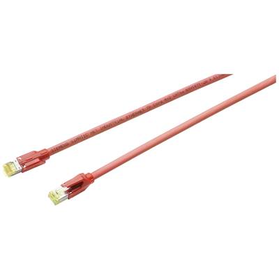 Červený ethernetový kábel s konektormi RJ-45 na oboch koncoch, vhodný pre sieťové pripojenia a prenos dát.