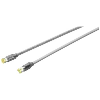 Sivý ethernetový kábel s dvoma RJ-45 konektormi, ktorý sa používa na sieťové prepojenie zariadení.