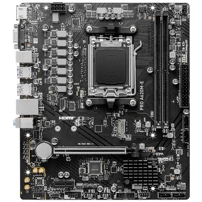 Počítačová základná doska s rôznymi portami a slotmi vrátane USB a HDMI, centrálnym socketom procesora a slotmi pre RAM pamäte.