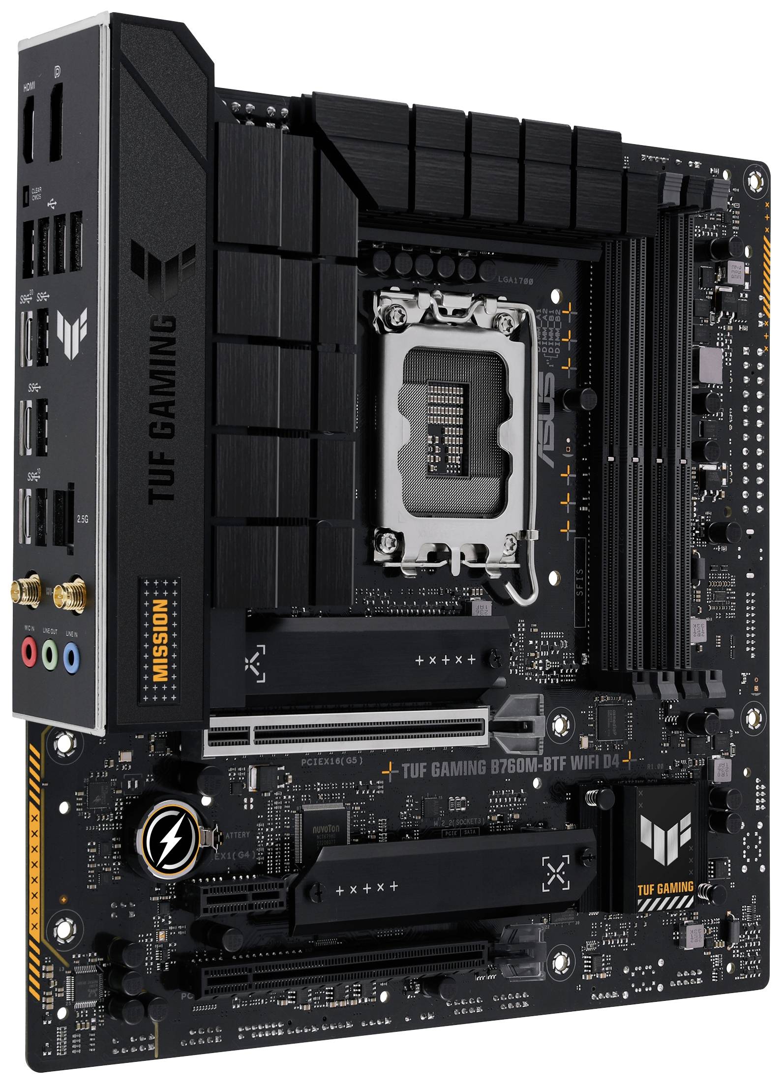 Čierna základná doska ASUS TUF Gaming B760M-BTF WIFI D4 s rozširujúcimi slotmi, chladičmi a pripojovaciami portami, vhodná pre herné počítače.