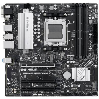 'ASUS PRIME B550M-A II Základná doska' so socketom AM4, PCIe zásuvkami, štyrmi RAM slotmi, konektormi na strane a chladičom.