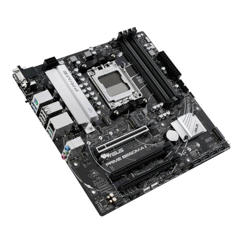 Čierna základná doska ASUS s viacerými slotmi a konektormi vrátane slotov pre RAM a patice pre CPU. Model 'PRIME B550M-A'.