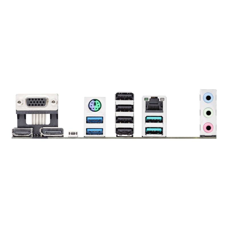 Zadná strana počítačovej základnej dosky zobrazuje rôzne konektory: VGA, HDMI, USB porty, sieťový konektor RJ45 a audio konektory.
