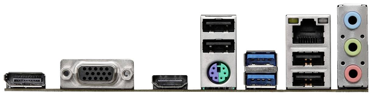 'Zadná strana počítačovej základnej dosky: VGA, HDMI, USB porty, Ethernet a audio zásuvky v červenej, zelenej a modrej farbe.'