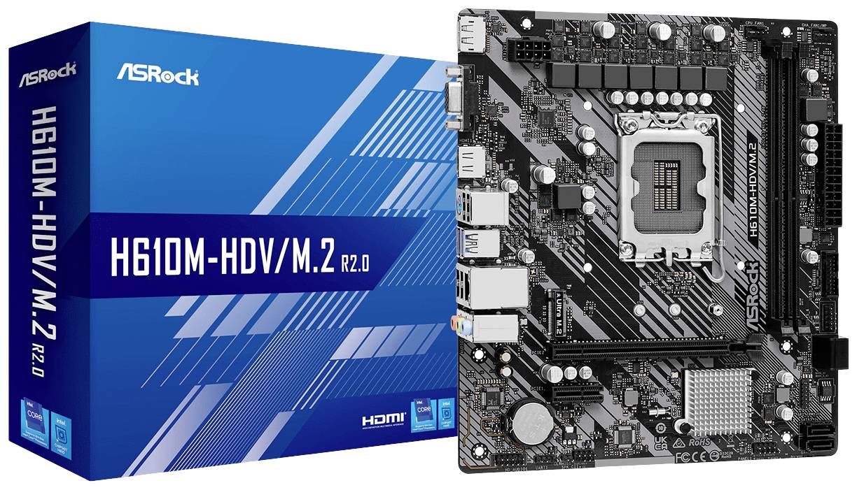 Obrázok ukazuje balenie základnej dosky ASRock H610M-HDV/M.2 R2.0 vedľa samotnej základnej dosky, pričom zdôrazňuje kompatibilitu a konektory.