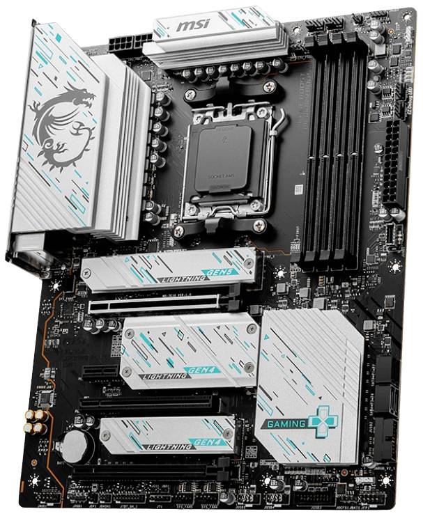Herná základná doska s viacerými slotmi pre RAM, PCIe slotmi a chladičmi. Logo značky viditeľné v ľavom hornom rohu.