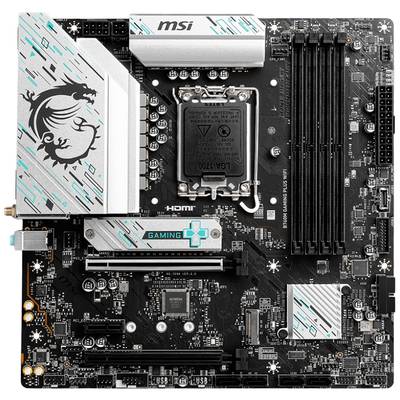 Herná základná doska s viacerými slotmi pre RAM, soklom pre CPU a farebnými dizajnovými prvkami. Označená štítkami 'HDMI', 'MSI' a logom draka.