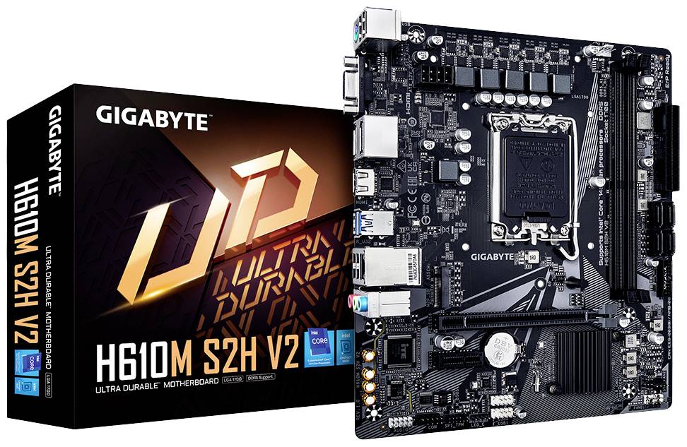 Základná doska Gigabyte H610M S2H V2 vedľa obalu, zobrazujúca konektory a komponenty pre zostavenie počítača.