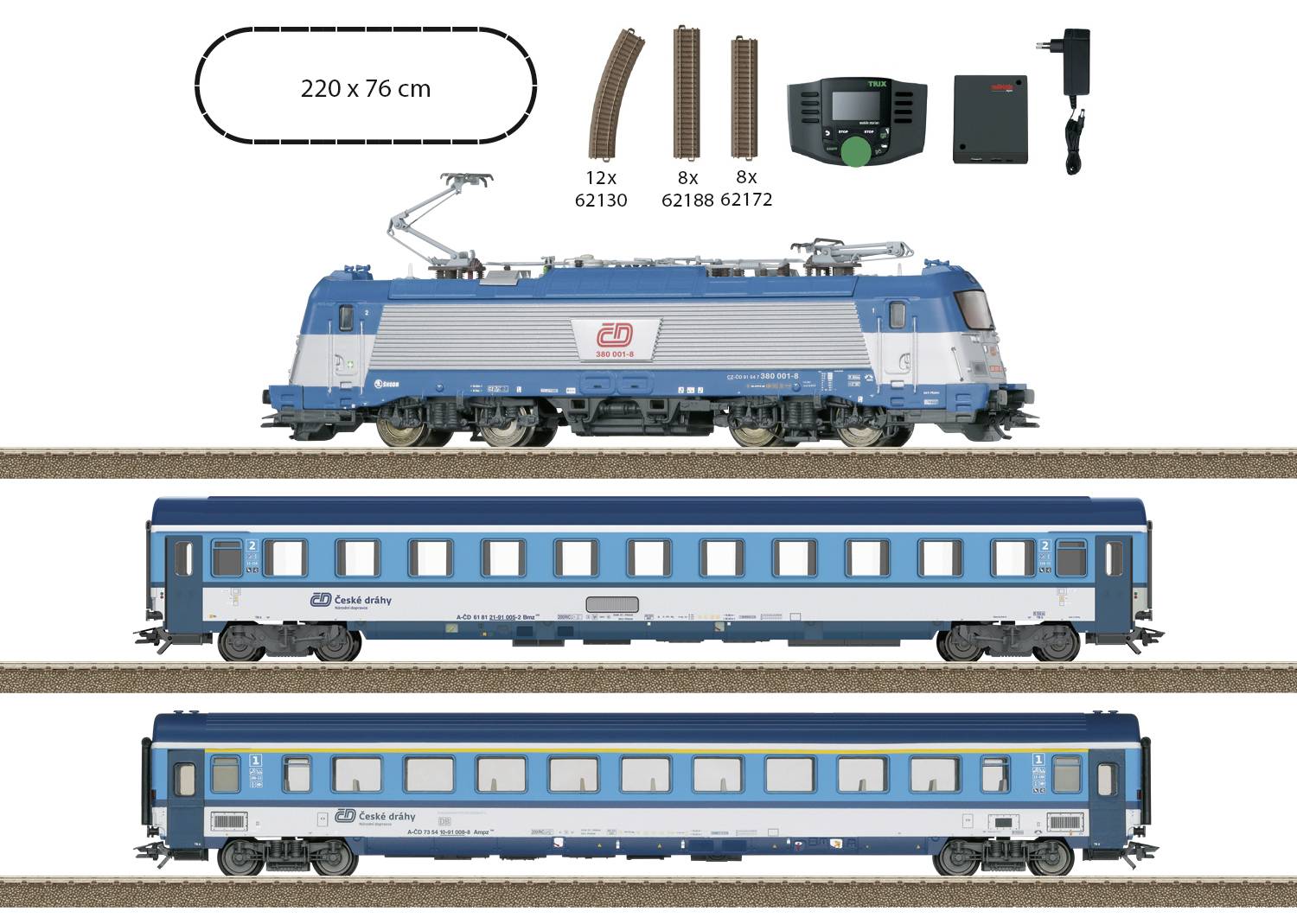 Železničná súprava s modrou lokomotívou a dvoma modrými vagónmi. Obsahuje koľajnice, diaľkové ovládanie a adaptér. Rozmery: 220 x 76 cm.