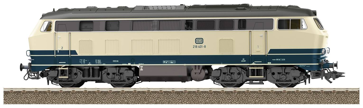 Dieselová lokomotíva v krémovej a modrej farbe s nápisom '218 490-4' po boku na koľajniciach. Klasický dizajn DB, robustný model.