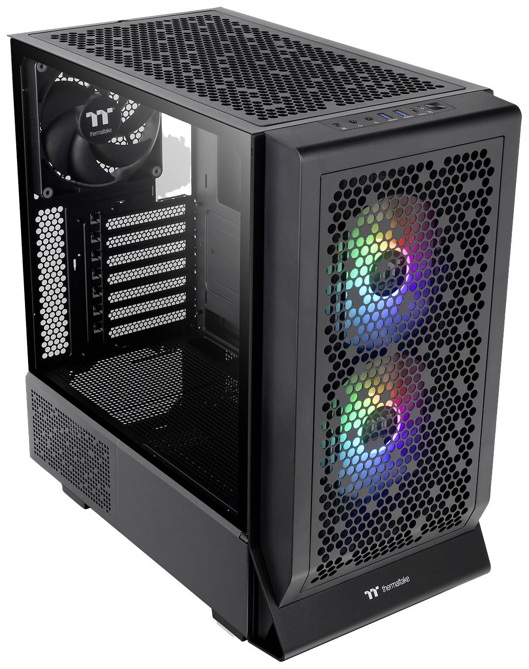 Čierna počítačová skrinka s priehľadným bočným panelom, dva predné ventilátory s RGB podsvietením, hore štyri USB porty.
