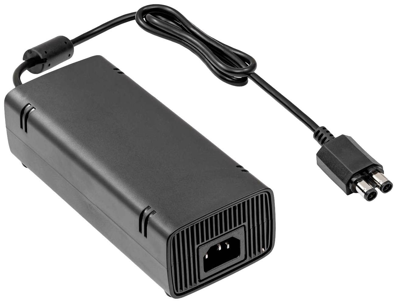 Čierna napájacia jednotka s káblom a obdĺžnikovým konektorom, vhodná pre elektronické zariadenia.