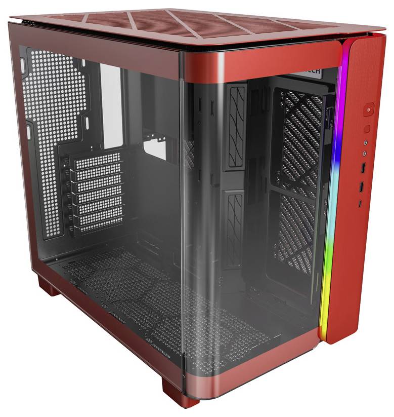 Červená PC skrinka s priehľadnými bočnými stenami a RGB podsvietením. Ponúka niekoľko rozširujúcich slotov a priestor pre ďalšie komponenty.