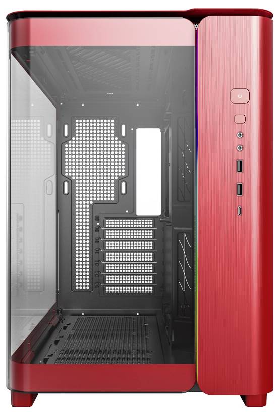 Červená PC veža s priehľadným bočným panelom, siedmimi rozširujúcimi slotmi a niekoľkými portami na prednej strane.