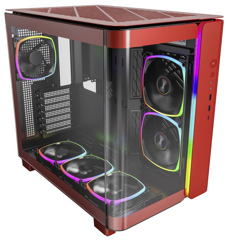 Červená počítačová skrinka s presklenou stenou ukazuje niekoľko vetrákov s RGB podsvietením. Má predný ovládací spínač a USB porty.
