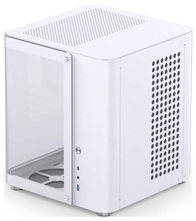 Biele počítačové púzdro so skleneným oknom a vetracími otvormi na boku, USB port vpredu, vhodné pre projekty zostavovania PC.