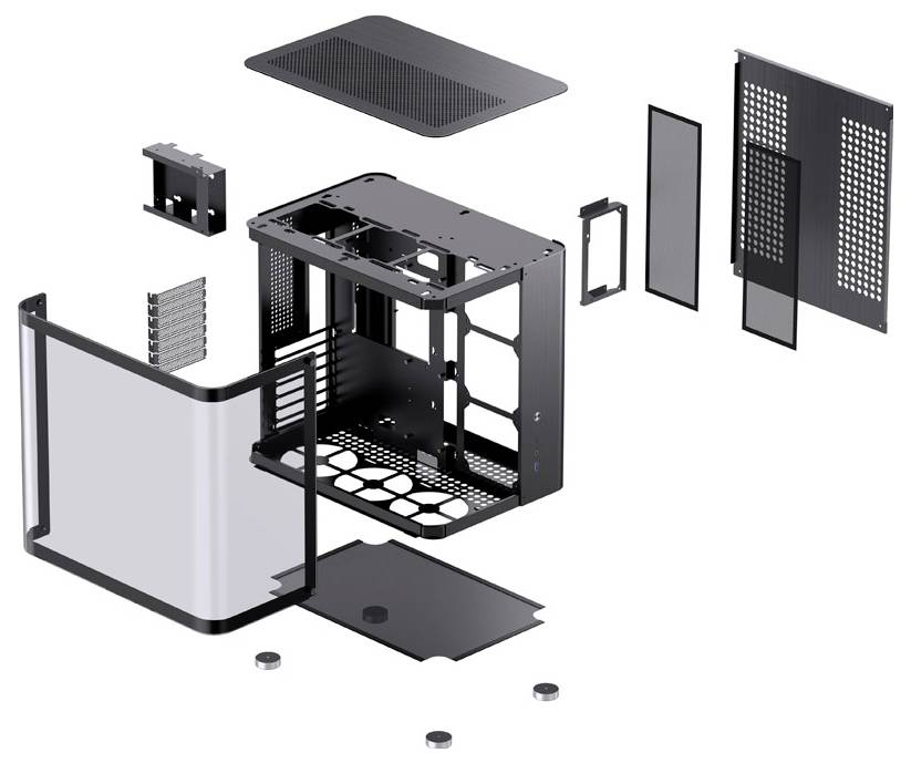 Rozložený pohľad na počítačovú skrinku s odstránenými bočnými stenami, hornou a spodnou časťou, ktorý zobrazuje jednotlivé komponenty.