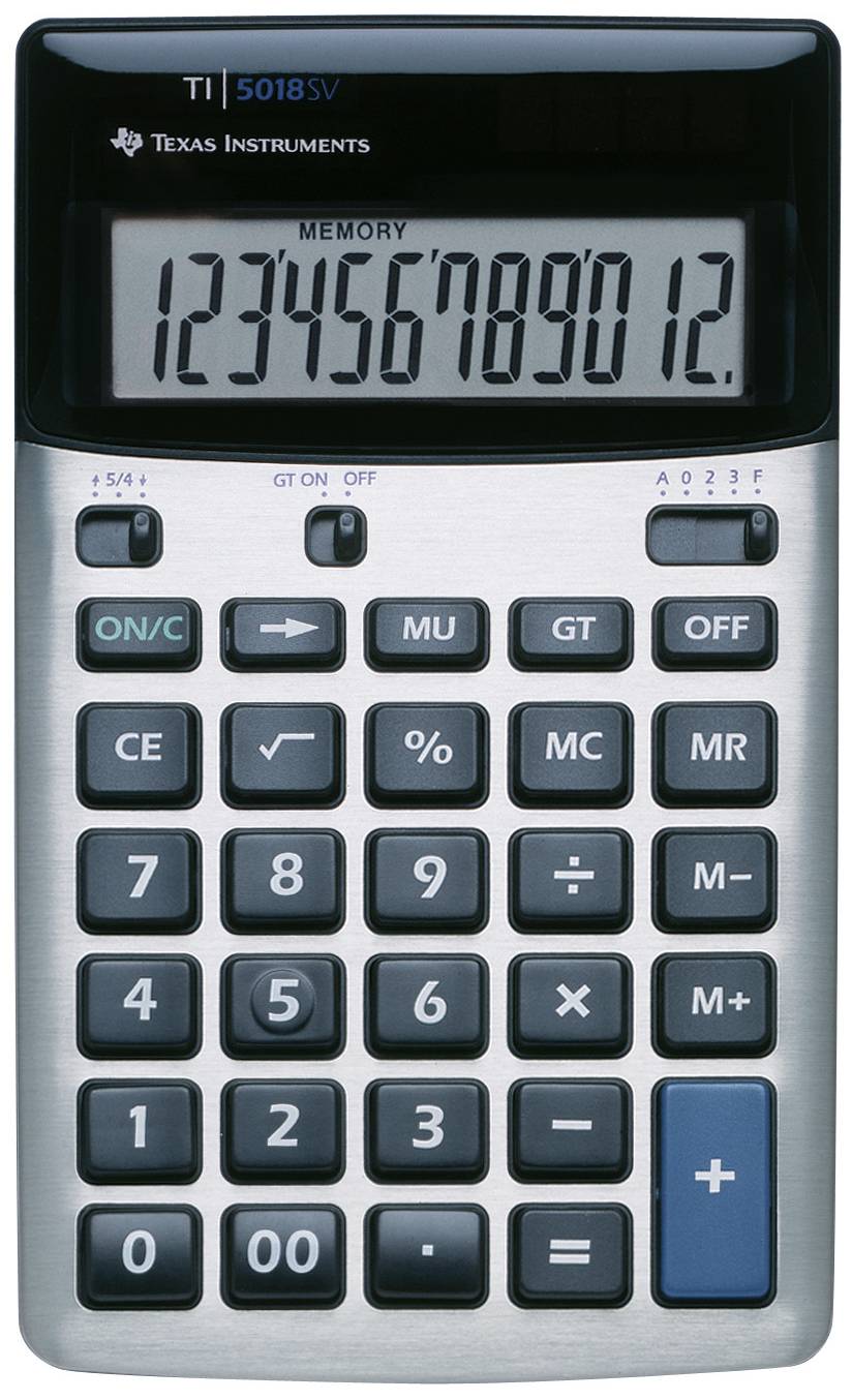 Kalkulačka s veľkými tlačidlami a displejom, ktorý zobrazuje '1234567890 12.'. V hornej časti je logo 'Texas Instruments'. Obsahuje základné matematické operácie.