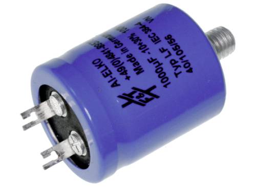 Modrý elektrolytický kondenzátor s tromi vývodmi, s potlačou '1000 µF 10-63V', 'Made in Germany'.