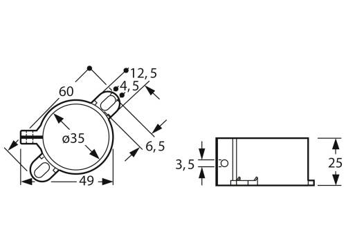 Technický výkres profilovanej objímky potrubia s rozmermi: priemer 35 mm, výška 25 mm, šírka 49 mm, s montážnymi otvormi.