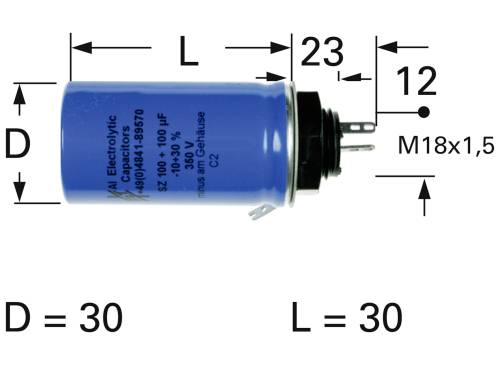 Modrý elektrolytický kondenzátor s technickými výkresovými rozmermi: dĺžka 30 mm, priemer 30 mm. Prípojky a veľkosť závitu M18x1,5.