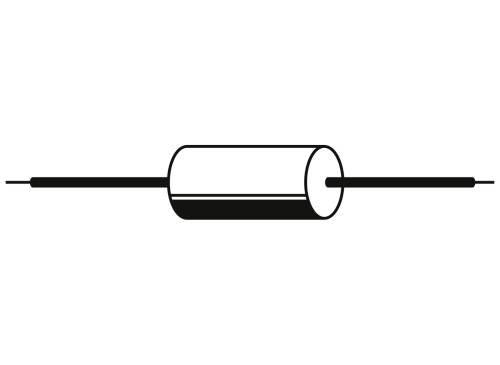 'Ilustrácia valcovitej súčiastky s dvoma prípojkami, reprezentujúca poistku v elektrickom schématickom diagrame.'