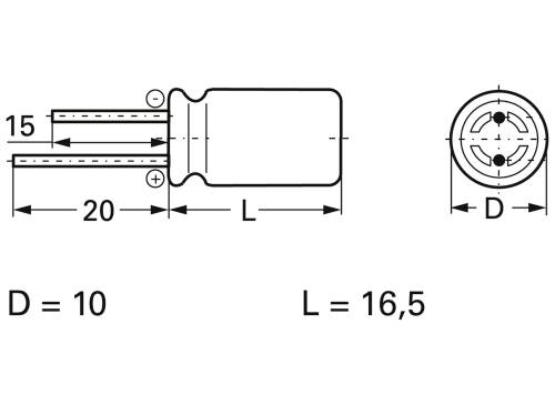 Diagram elektronickej súčiastky s rozmermi. Priemer D = 10, dĺžka L = 16,5, výška 15, šírka 20.