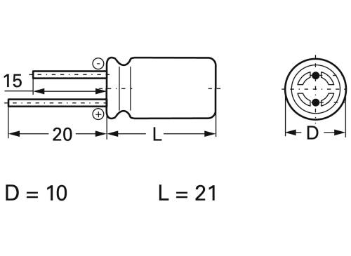 Technický výkres valcovej elektronickej súčiastky s rozmermi: D = 10 mm, L = 21 mm. Obsahuje kladné a záporné svorky.