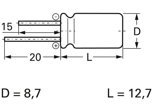 Technický výkres valcovitej súčiastky s rozmermi: priemer (D) = 8,7 mm, dĺžka (L) = 12,7 mm.