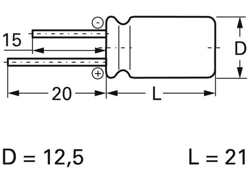 Diagram elektrického komponentu s rozmermi: priemer (D) = 12,5 mm, dĺžka (L) = 21 mm, prípojky 15 mm a 20 mm dlhé.