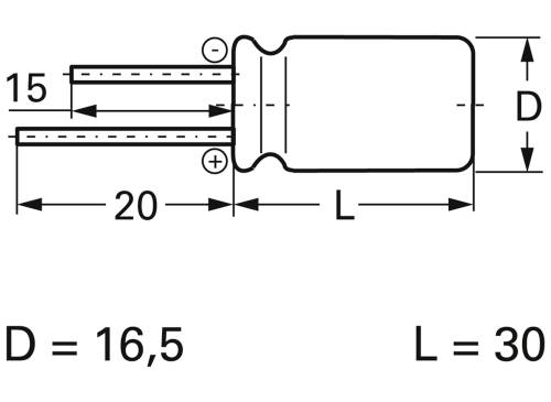 Diagram valcového kondenzátora. Rozmery: Priemer (D) 16,5 mm, dĺžka (L) 30 mm. Dĺžka vývodov 15 mm a 20 mm. Kladný a záporný pól označené.