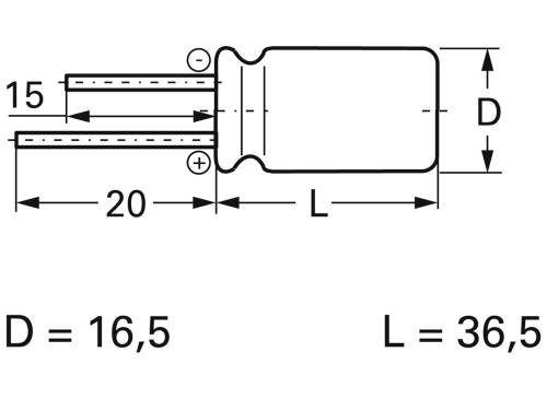 Diagram elektrického komponentu s rozmermi: priemer (D) = 16,5 mm, dĺžka (L) = 36,5 mm. Vzdialenosť vývodov: 15 mm a 20 mm.