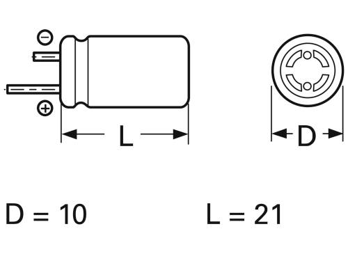Náčrt valcového elektronického komponentu. Dĺžka (L) = 21 mm, priemer (D) = 10 mm. Polarita so znamienkami plus a mínus.
