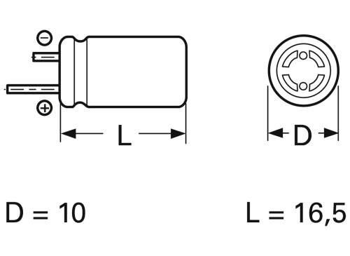 Obrázok kondenzátora s polarizovanými vývodmi. Priemer (D) je 10 mm a dĺžka (L) je 16,5 mm.